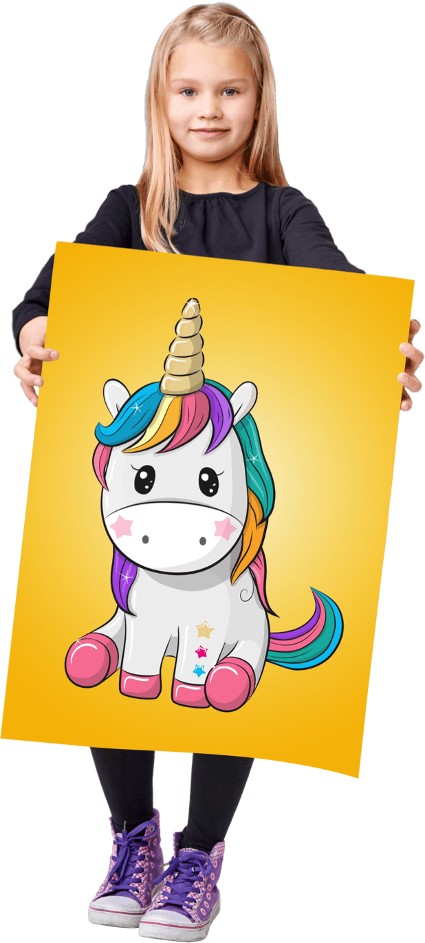 Girl holding unicorn poster